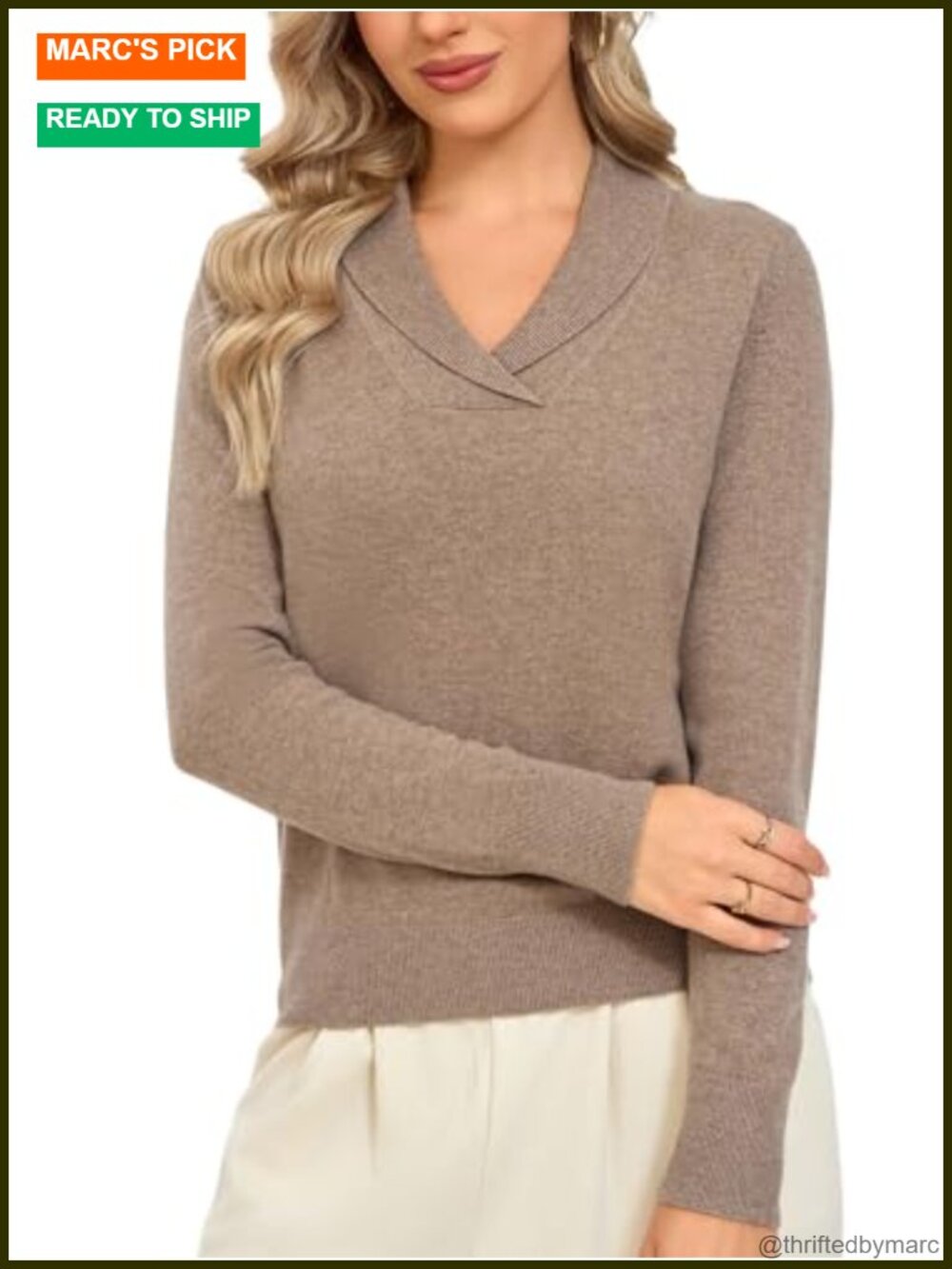 100% Merino Wool Sweater Womens V Neck Shawl Collar Pullover